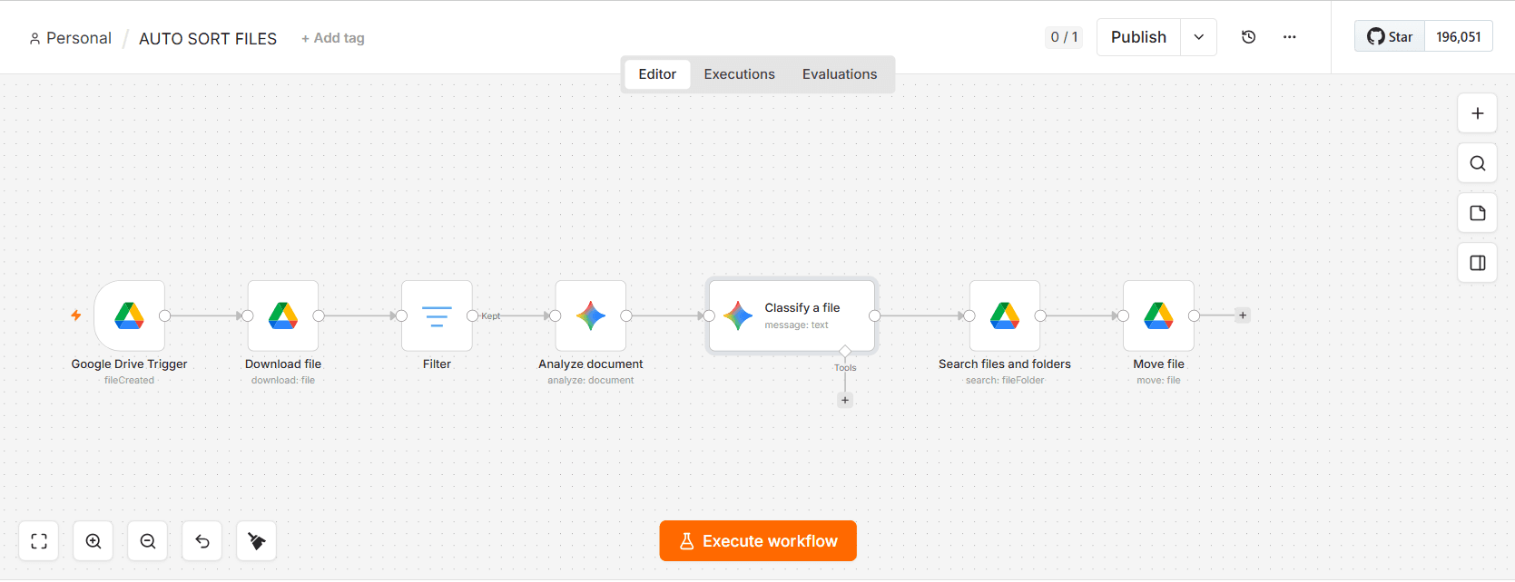 n8n demonstration showing Google Drive file intake, document analysis, Gemini classification, folder search, and automatic file movement