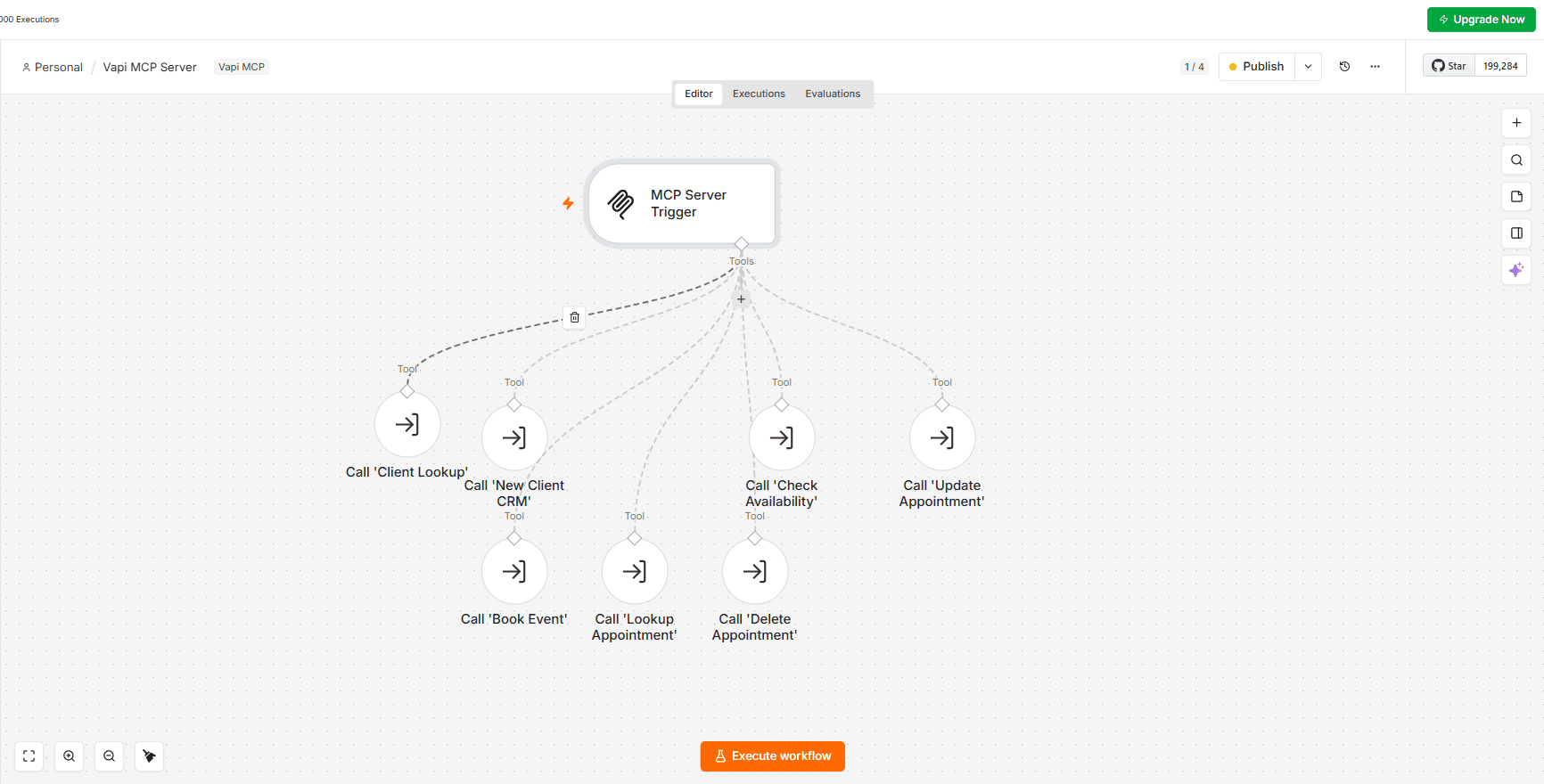 n8n MCP server workflow exposing client lookup, client CRM, availability, appointment booking, lookup, update, and deletion tools to a voice assistant